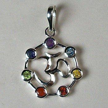 OM Chakra Pendant, Sterling Silver pendant with Chakra Gemstones