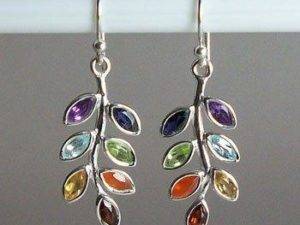 Chakra Leaf Earrings, Sterling Silver earrings with Chakra Gemstones