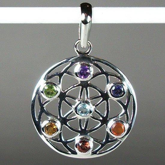 Chakra Flower of Life Pendant, Sterling Silver and Gemstone Pendant