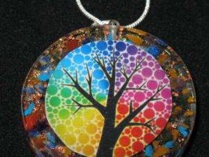 Tree of Life Orgone Pendant. Resin pendant with gemstones and copper and 18 inch snake chain