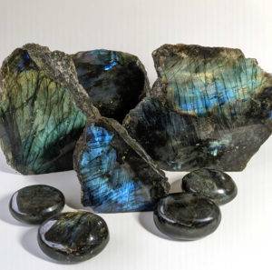 Natural and polished labradorite free form and palm stones