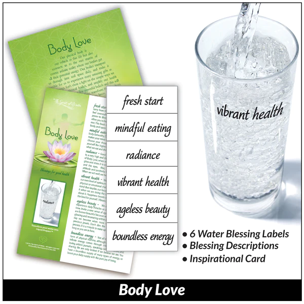 Love your Body by charging your water with static cling Water Blessings labels: fresh start, mindful eating, radiance, vibrant health, ageless beauty, boundless energy.