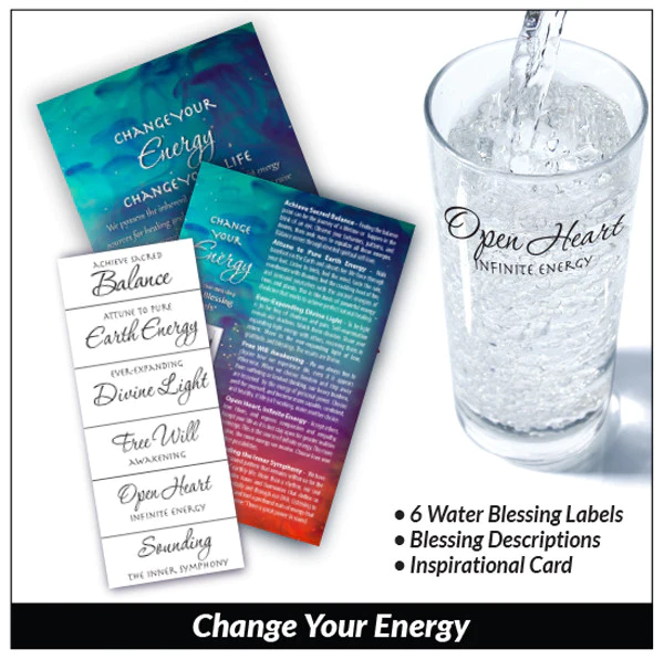 Change your Energy static cling Water Blessings labels charge water with Love, Gratitude, Peace, Stillness, Bliss, Wisdom, Trust and Humor.