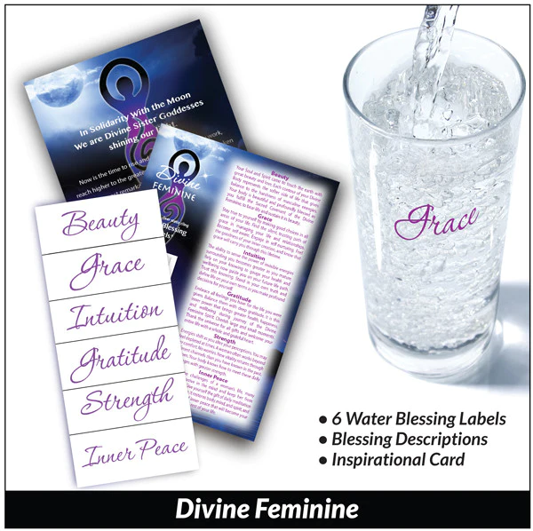 Divine Feminine static cling Water Blessings labels include:Beauty, Grace, Intuition, Gratitude, Strength and Inner Peace.